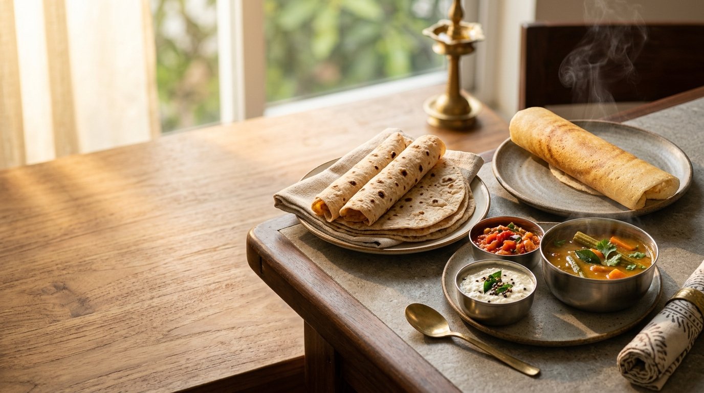 Freshly made warm chapatis, crisp golden dosa, and accompaniments on a dining table